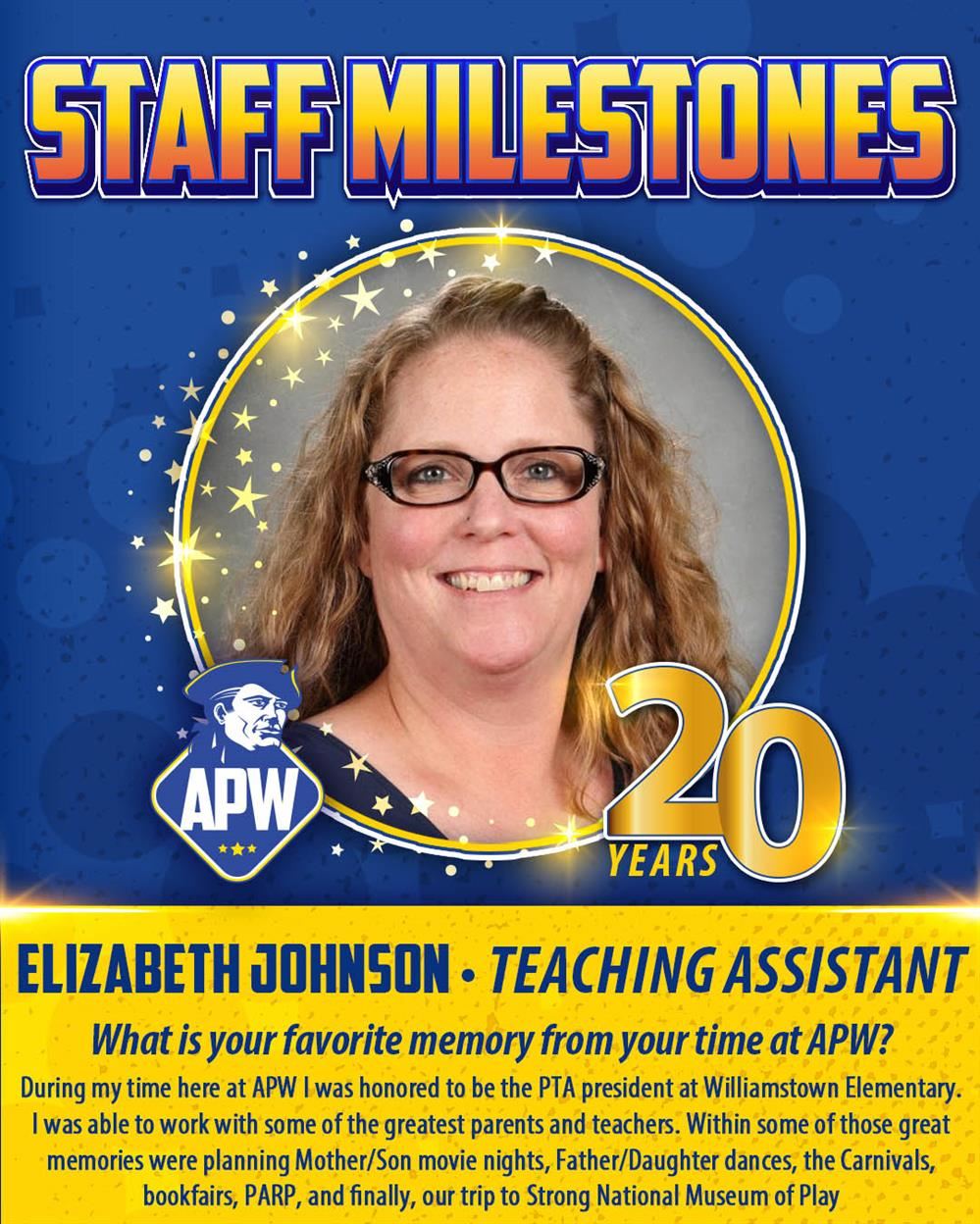  Photo of Elizabeth Johnson getting recognized for 20 years at APW