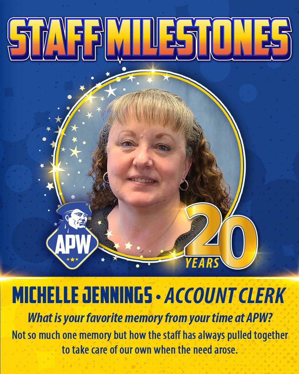  Photo of Michelle Jennings getting recognized for 20 years at APW