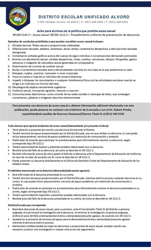 Aviso para alumnos de la politica que prohibite acoso sexual 