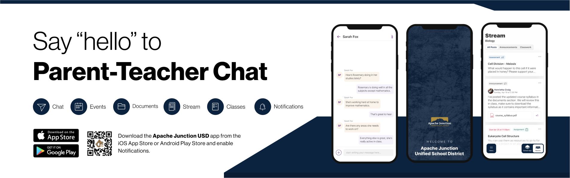 Say hello to Parent-Teacher chat in the new Rooms app. Download the Apache Junction Unified School District app in the Google Play or Apple App store.