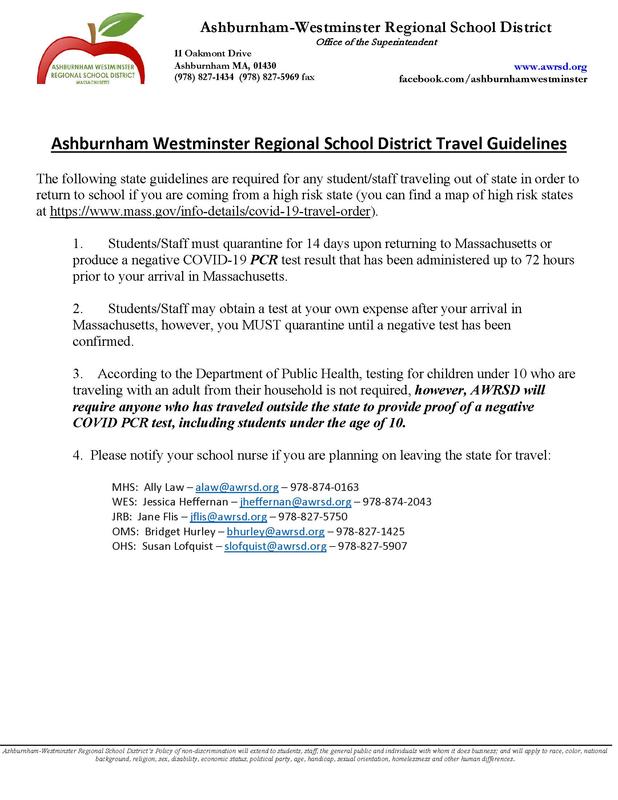 Ashburnham Westminster Regional School District Travel Guidelines