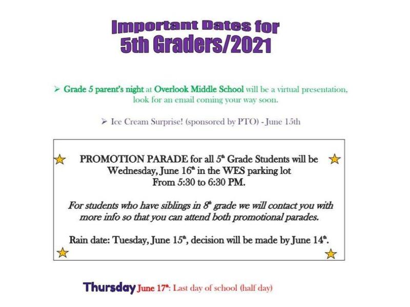 5th Grade Important End of the Year Dates