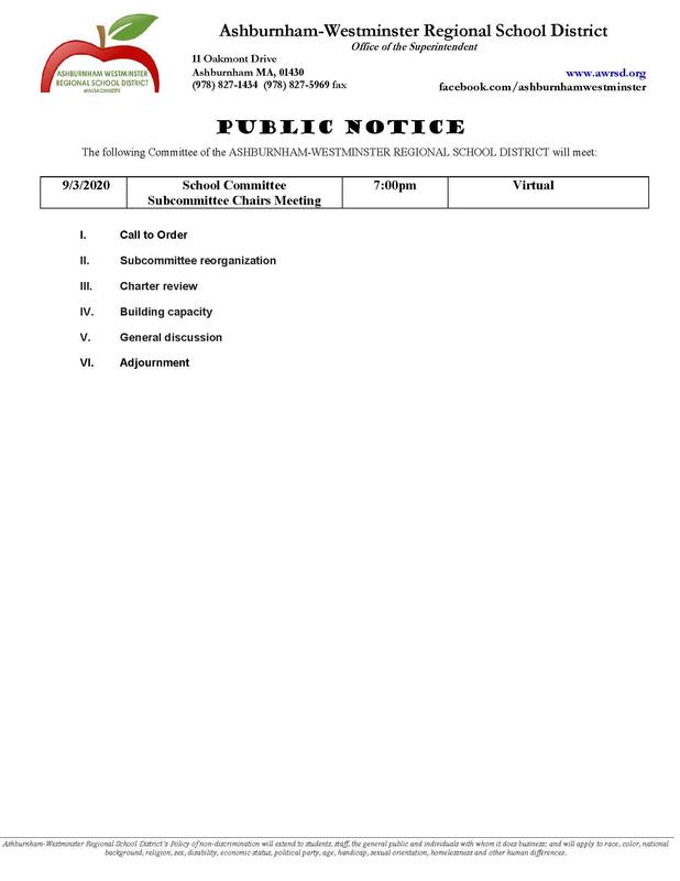 School Committee Subcommittee Chairs Meeting 9/3/2020