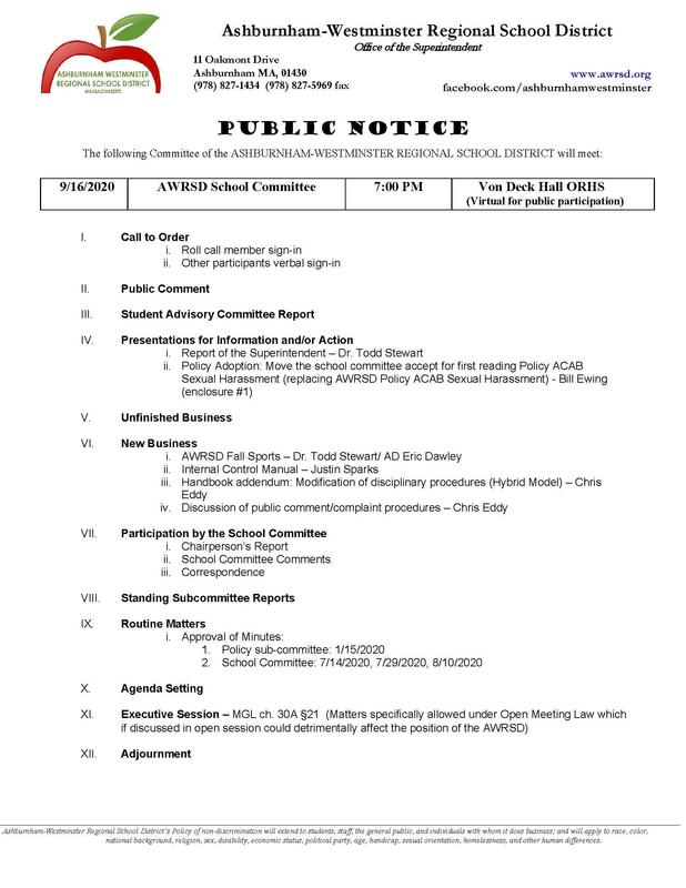 School Committee Meeting 9/16/2020 **Rescheduled from 9/15/2020