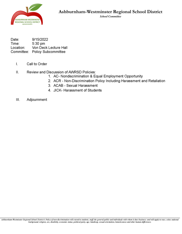 Policy Subcommittee Meeting 9/15/2022 - CANCELLED