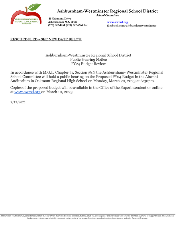 RESCHEDULED - Public Budget Hearing 3/20/2023