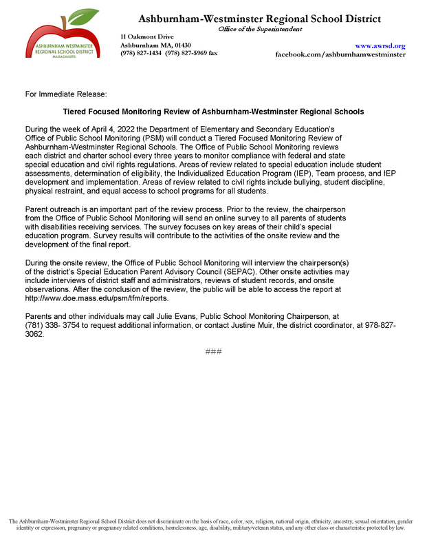 Tiered Focused Monitoring Review of Ashburnham-Westminster Regional Schools