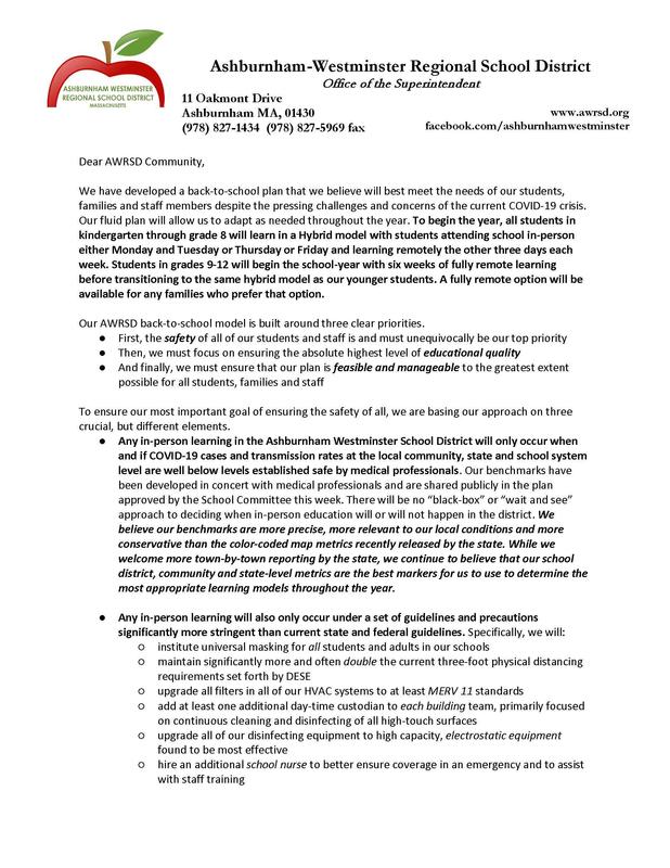 School Reopening Summary Letter 8/13/2020