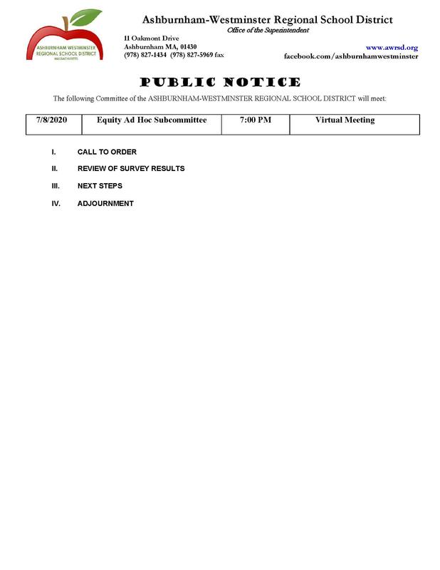 The Equity Ad Hoc Subcommittee of the AWRSD School Committee will be meeting on Wednesday, July 8, 2020 at 7:00pm.  This meeting will be held virtually.