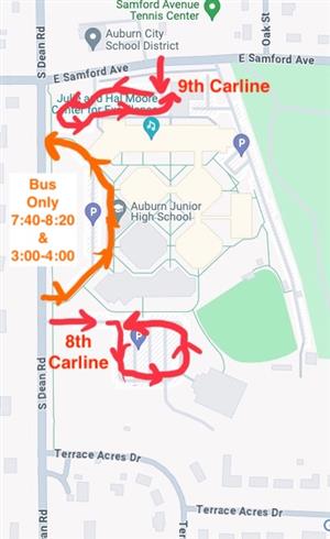 Map of AJHS showing bus loop in the front, with 9th grade car line entrance off E Samford and 8th grade carline by fieldhouse
