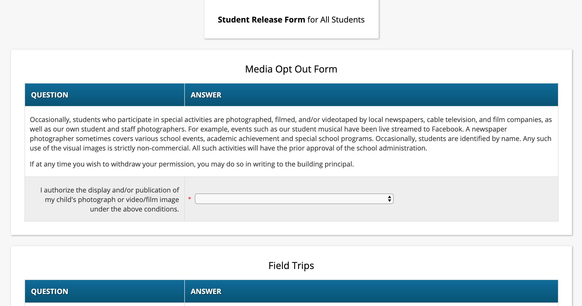 screen shot of the parent form