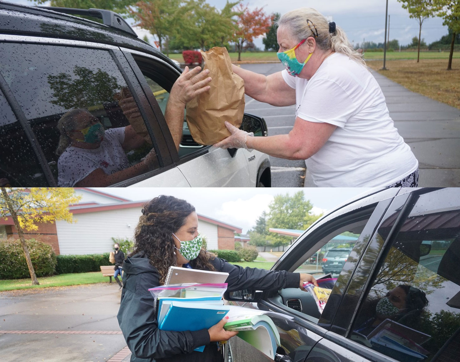 Handing supplies through car windows.