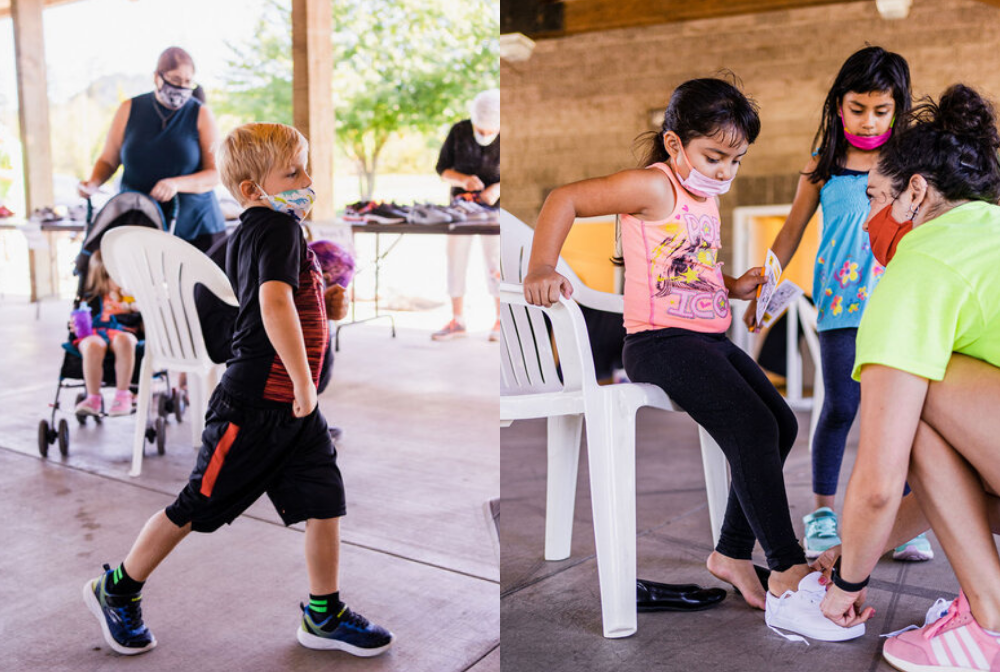 students receiving free school supplies, backpacks and shoes