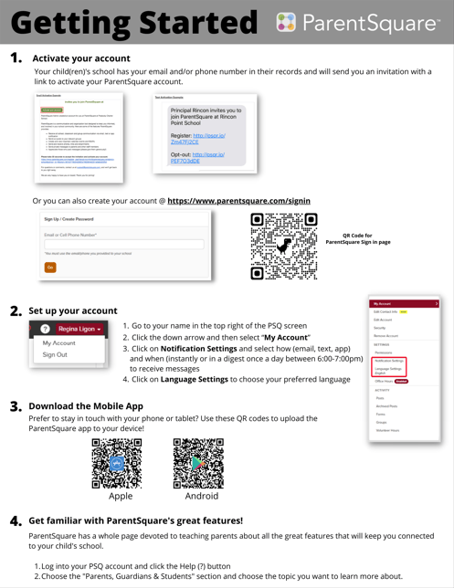 ParentSquare flyer with instructions on how to active a parent account