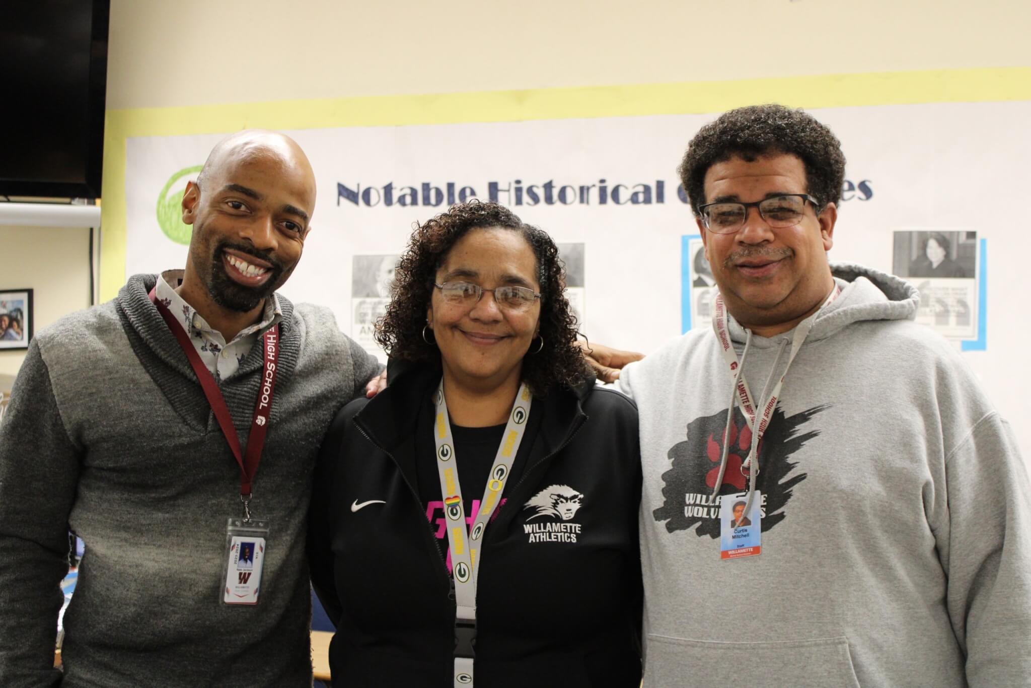 WHS BSU leaders Nate Jackson, Laura Mitchell and Curtis Mitchell gather for a photo in Jackson's class.