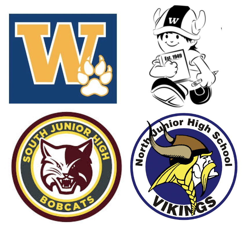 school logos, a W with a print, mini viking, a bobcat, and a viking face