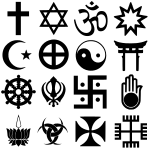 Religious symbols: Row 1. Christianity, Judaism, Hinduism, Bahá'í. Row 2. Islam, Fetishism, Yin-yang, Shinto. Row 3. Buddhism, Sikhism, Jainism, Jainism. Row 4. Ayyavali, Triple Goddess, Cross pattée, Ręce Boga.