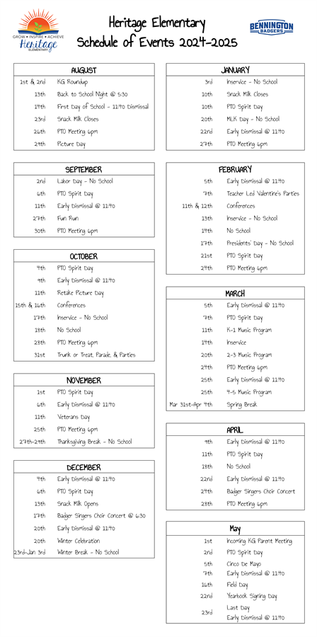 list of calendar events for 2024-2025