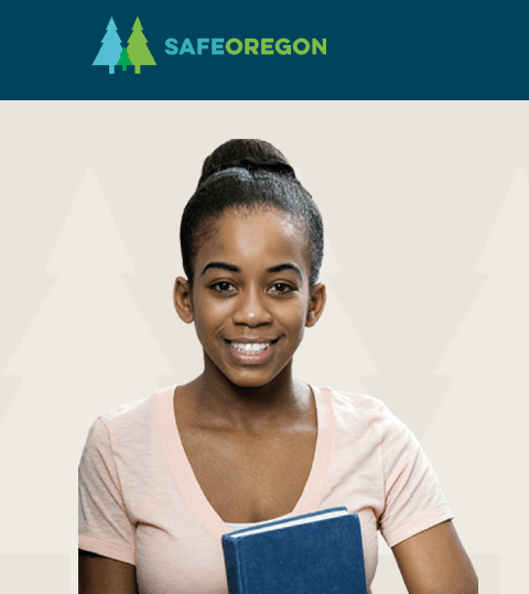 safeoregon logo with girl standing underneath