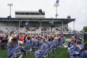 KHS students sitting on the field at the stadium