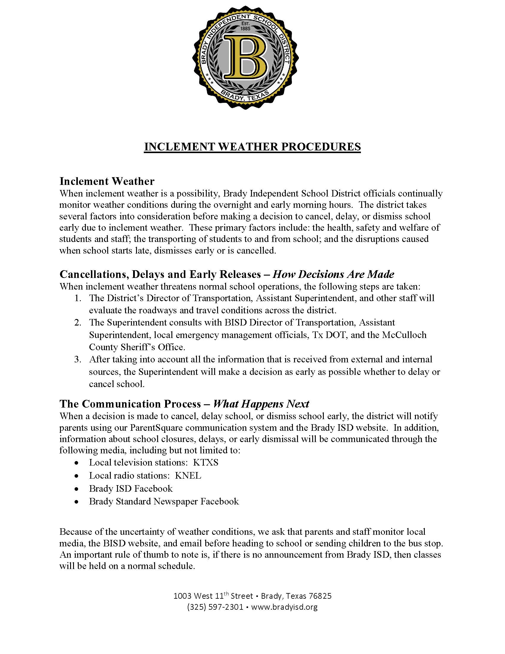 Inclement Weather Procedures