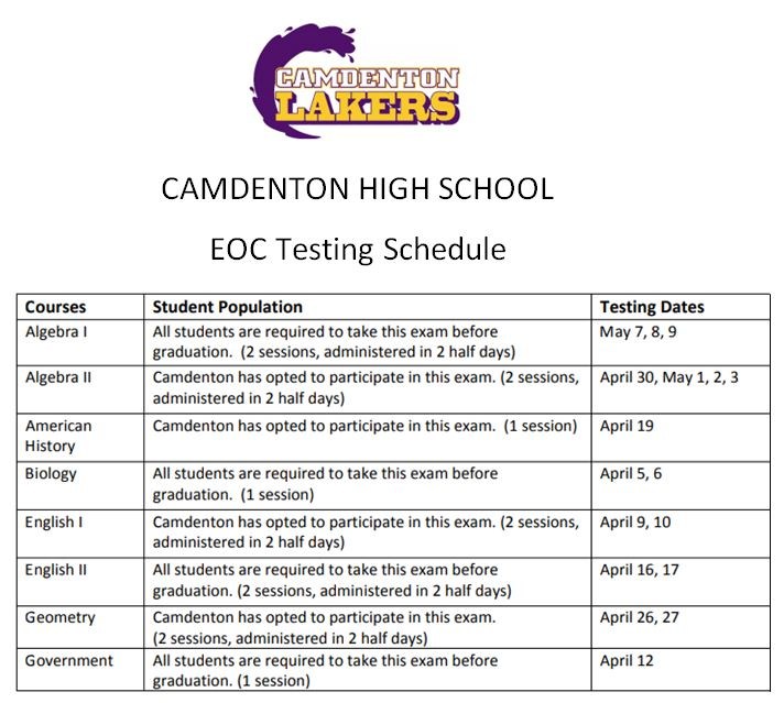 EOC Testing Schedule