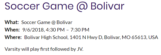 Soccer Game - Thursday Sept. 6 @ Bolivar