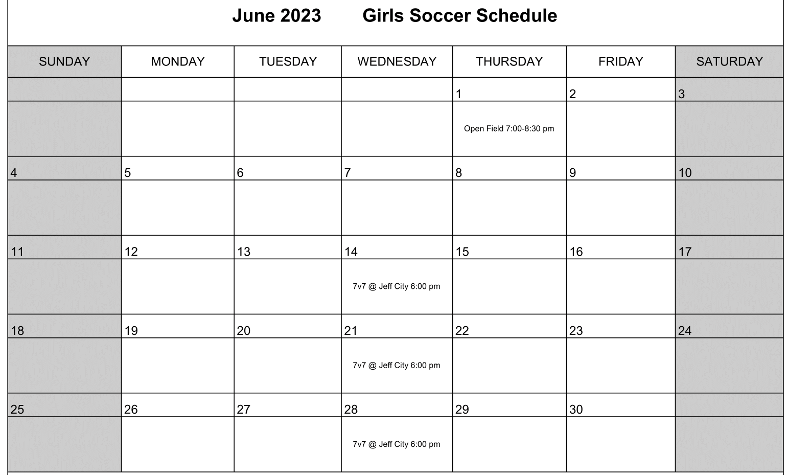 June Soccer Calendar