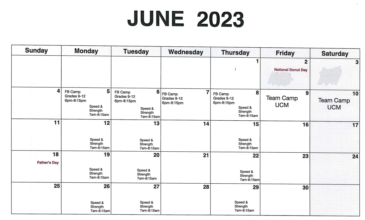 June Football Workout Calendar