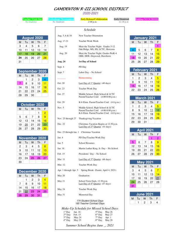 2020-2021 District Calendar