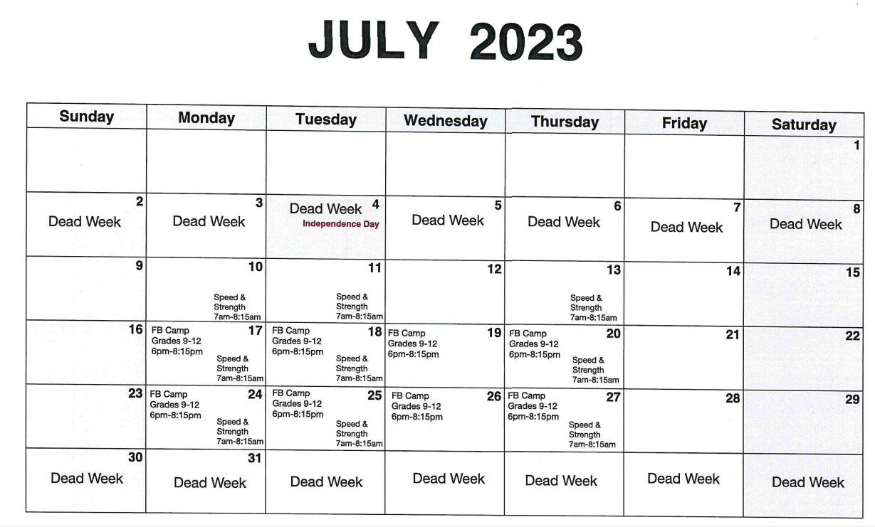 July Football Workout Calendar