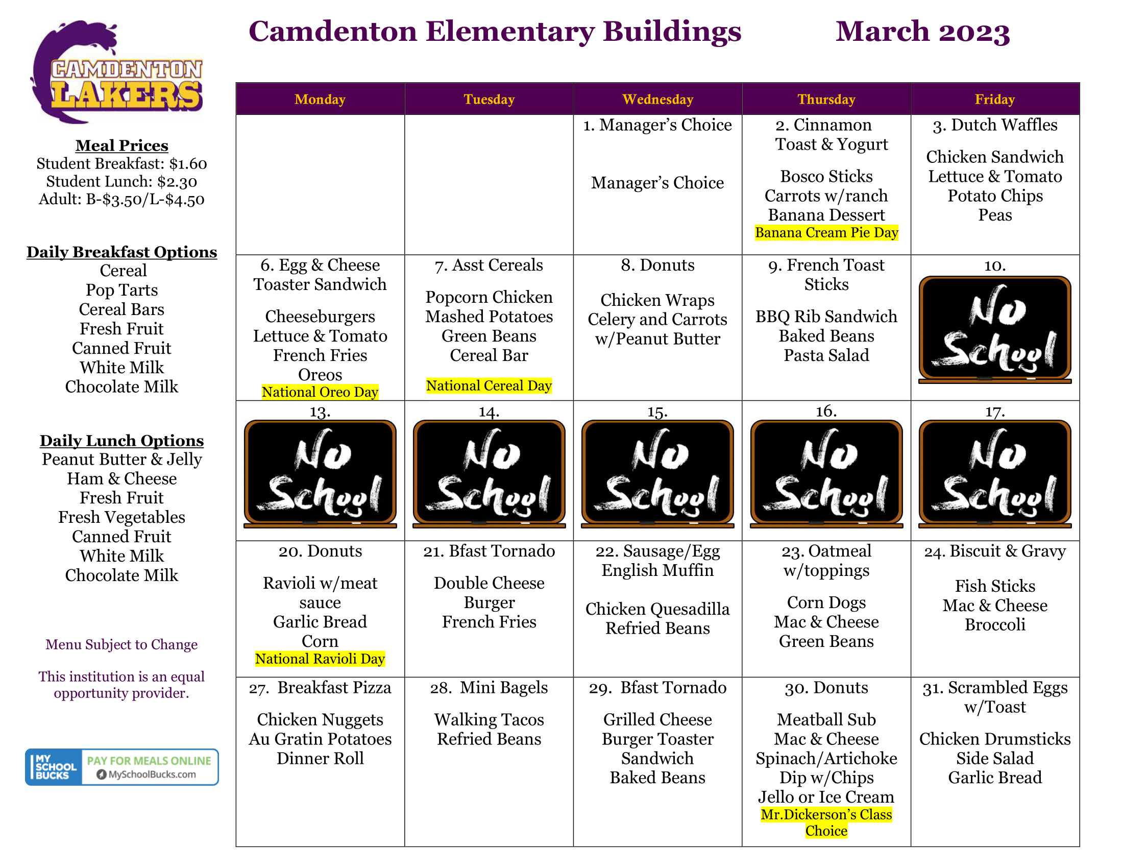 Elementary Menu