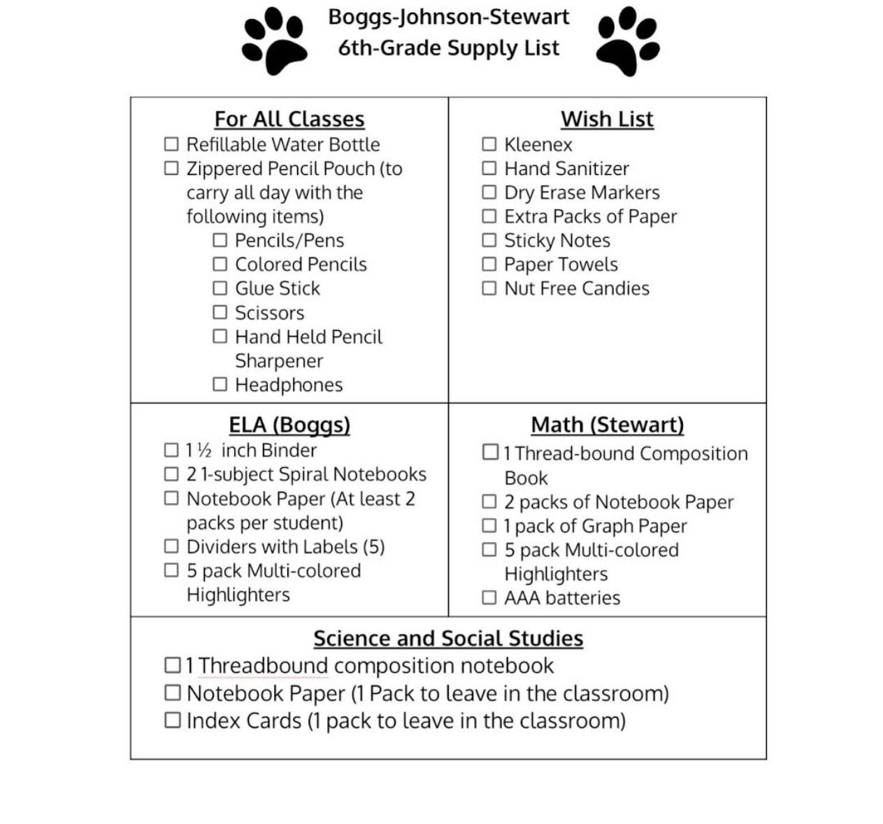 supply list