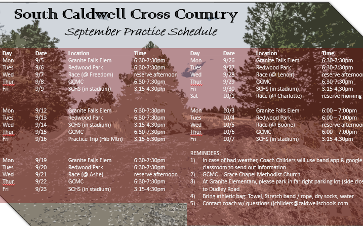 SCXC September Practice Calendar