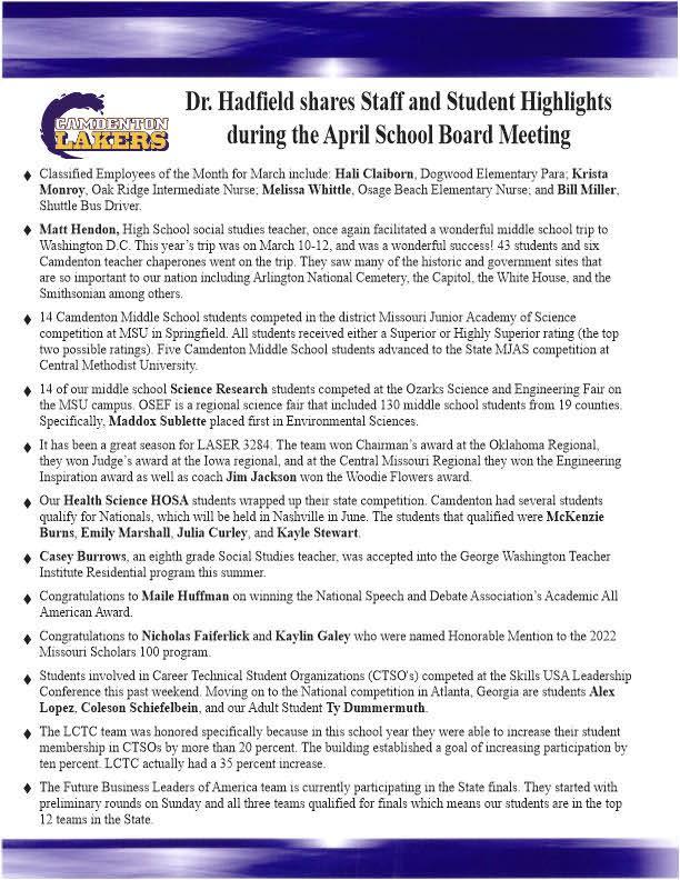 April Board Meeting