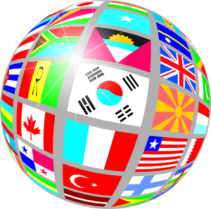 An image of a sphere shape covered in world flags