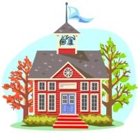 This is a cartoon image of a brick school with trees and a blue sky.