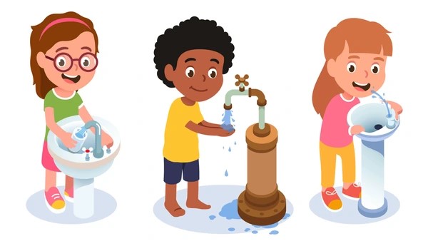 clip art of three students drinking water from fountain and sink