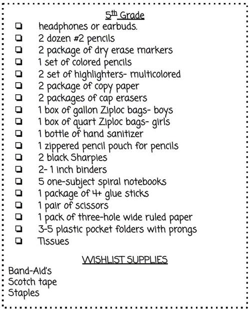 Fifth grade supply list.