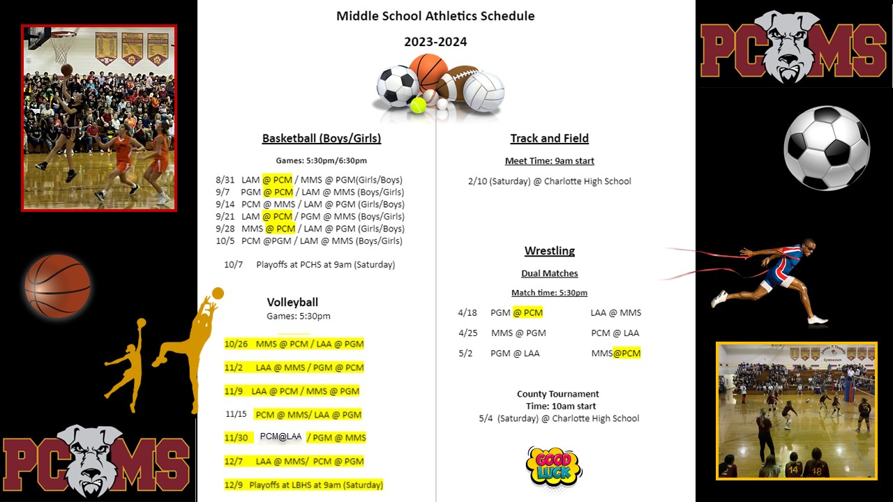 Athletic Schedule-See School Calendar for dates