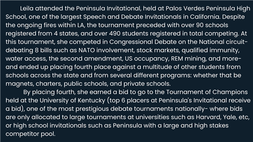 Leila M attended the Peninsula Invitational and won 4th place