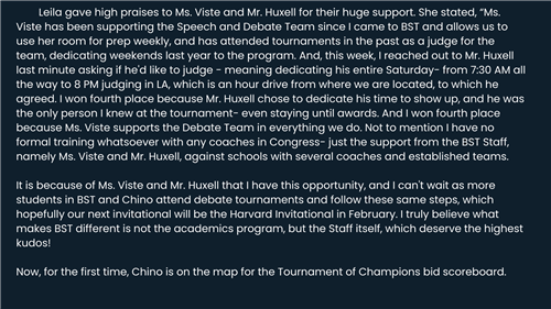 She gives credits to her teachers Ms. Viste and Mr. Huxell