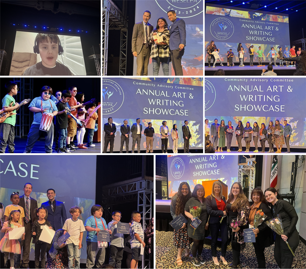 CVUSD Students and staff on stage at the Art and Writing Showcase