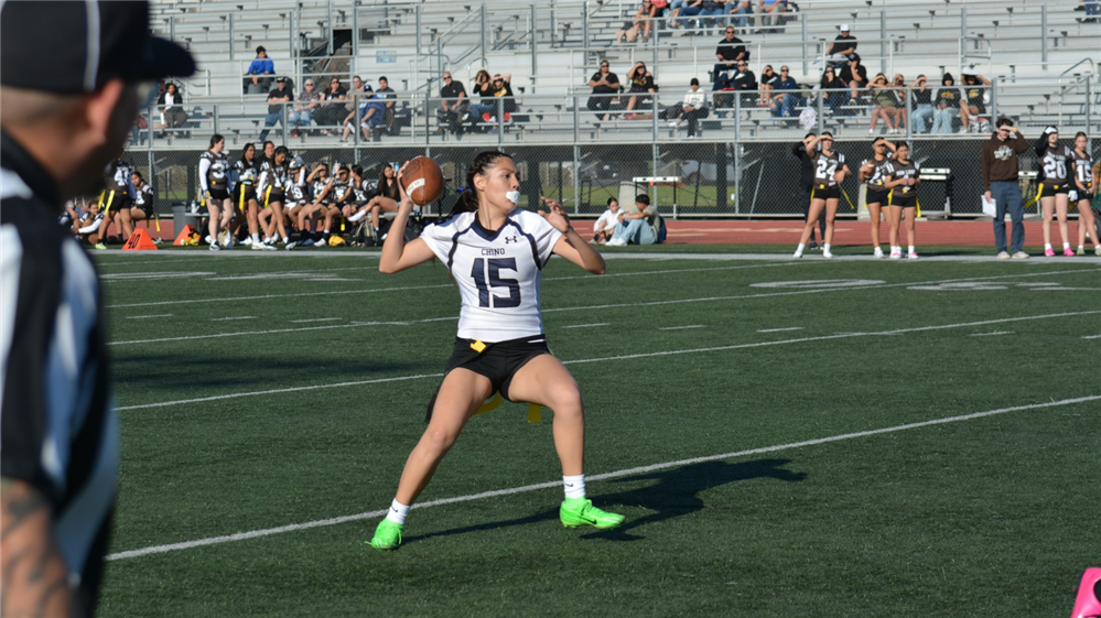  A Chino High flag football quarterback getting ready to throw a football