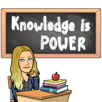 Cartoon image of teacher behind desk with a chalkboard that says "knowledge is power"