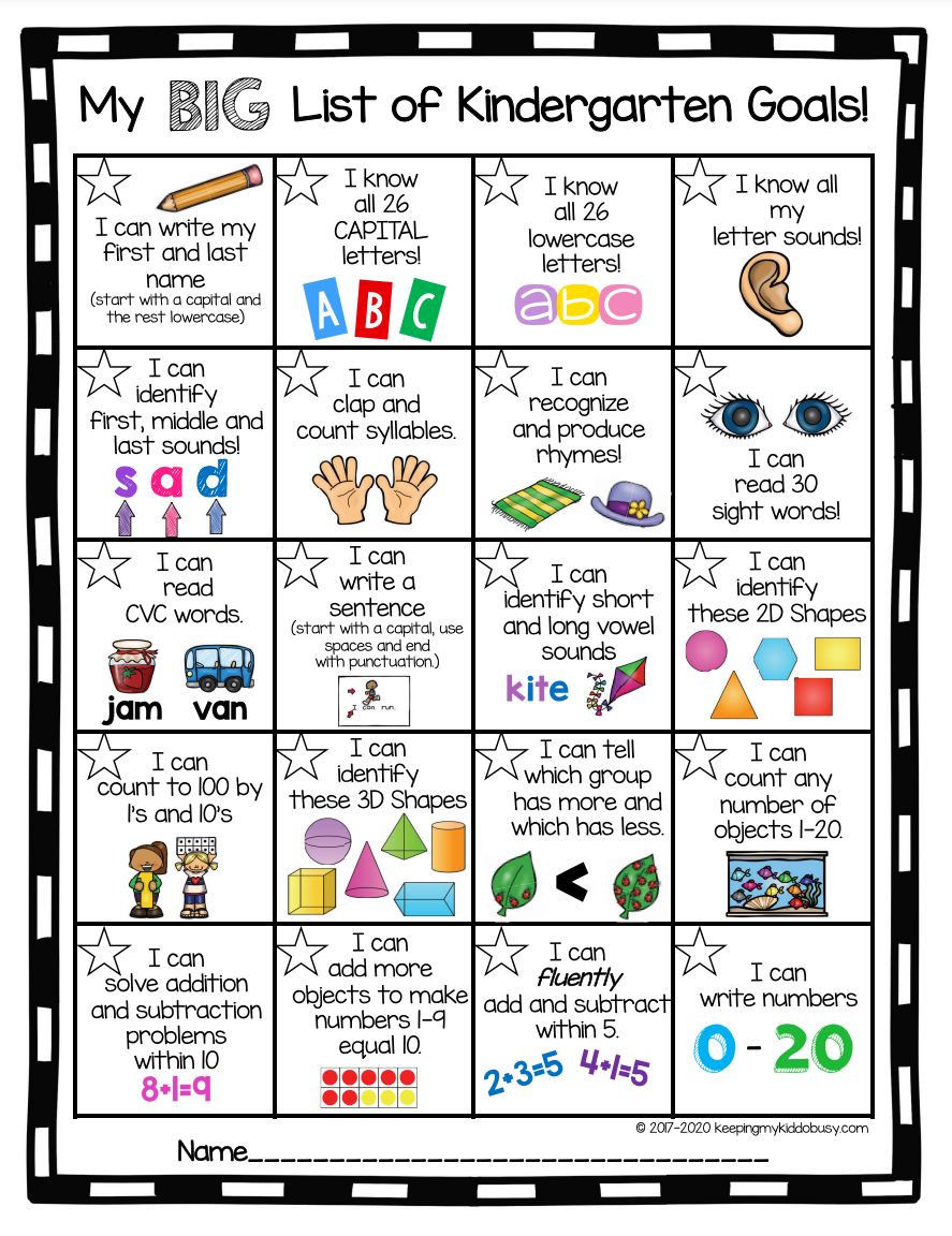 Big List Of Kindergarten Goals