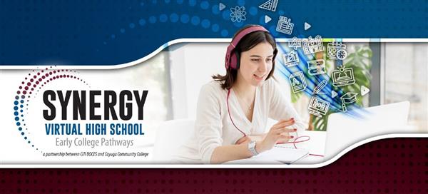 Image of girl at laptop with Synergy logo and school icons