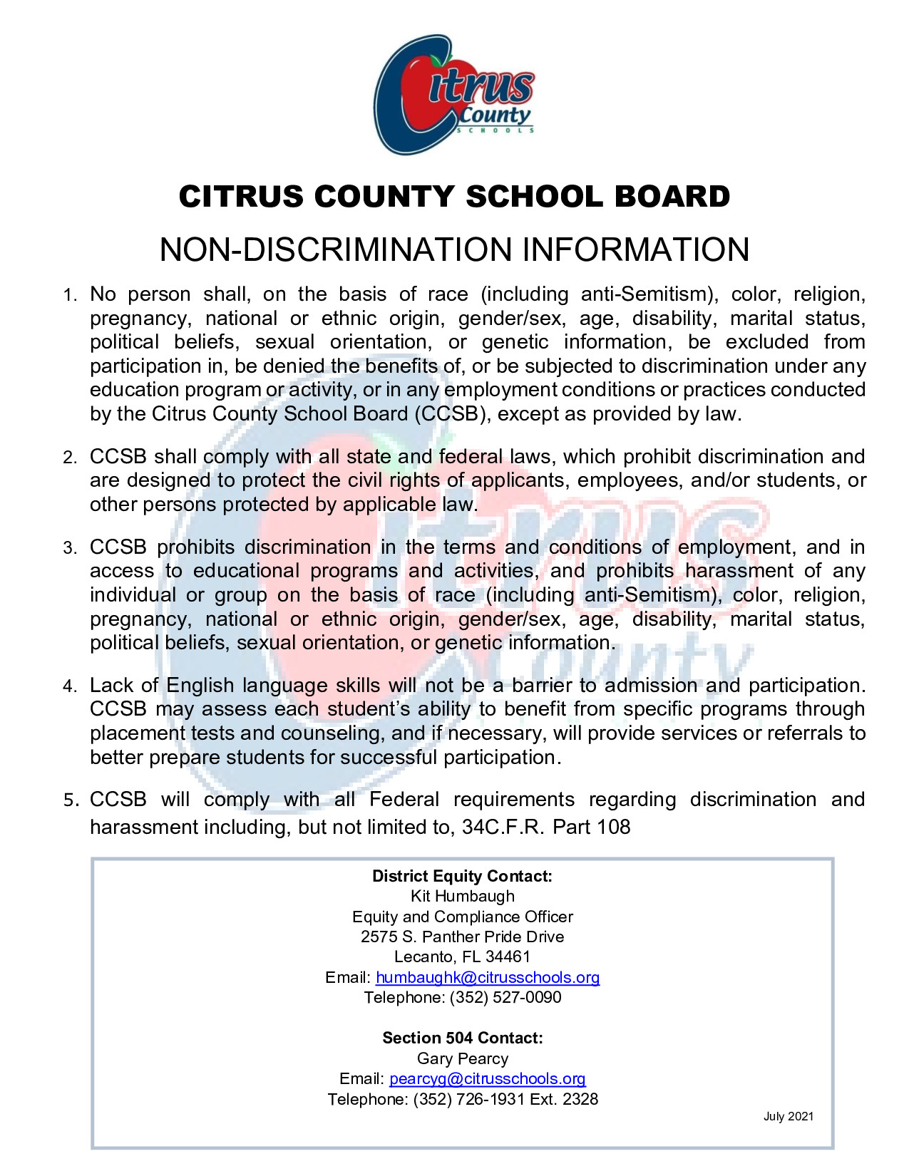 Non Discrimination Information