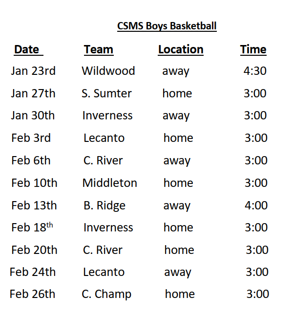2025 CSMS Boys Basketball Schedule