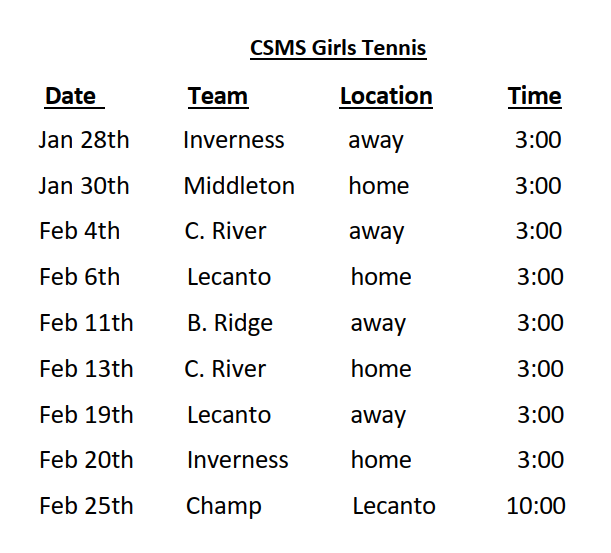 CSMS Girls Tennis Schedule